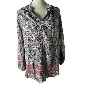 Pleione Top Womens Peasant‎ Blouse Geometric Size Medium